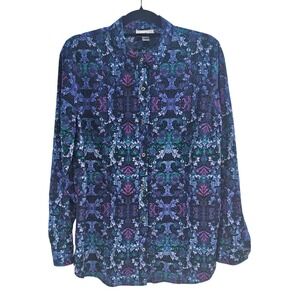 Jaclyn Smith Collection Womens Long Sleeve Button Down Blue Floral Print Size‎ L